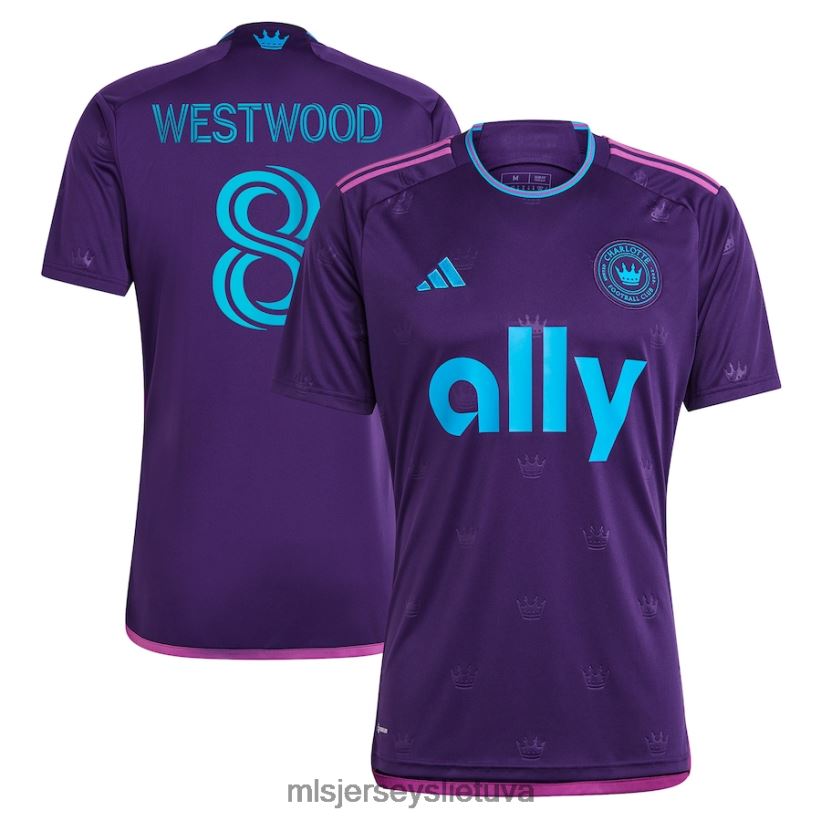 džersis charlotte fc Ashley Westwood Adidas Purple 2023 m. karūnos papuošalų komplektas, marškinėlio kopija vyrų MLS Jerseys 2LHJZF1091